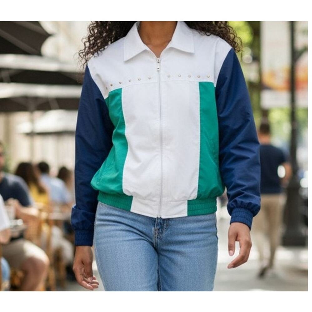 Alfred Dunner Women's Jacket Size 12 Full Zip Lightweight Blue White Green